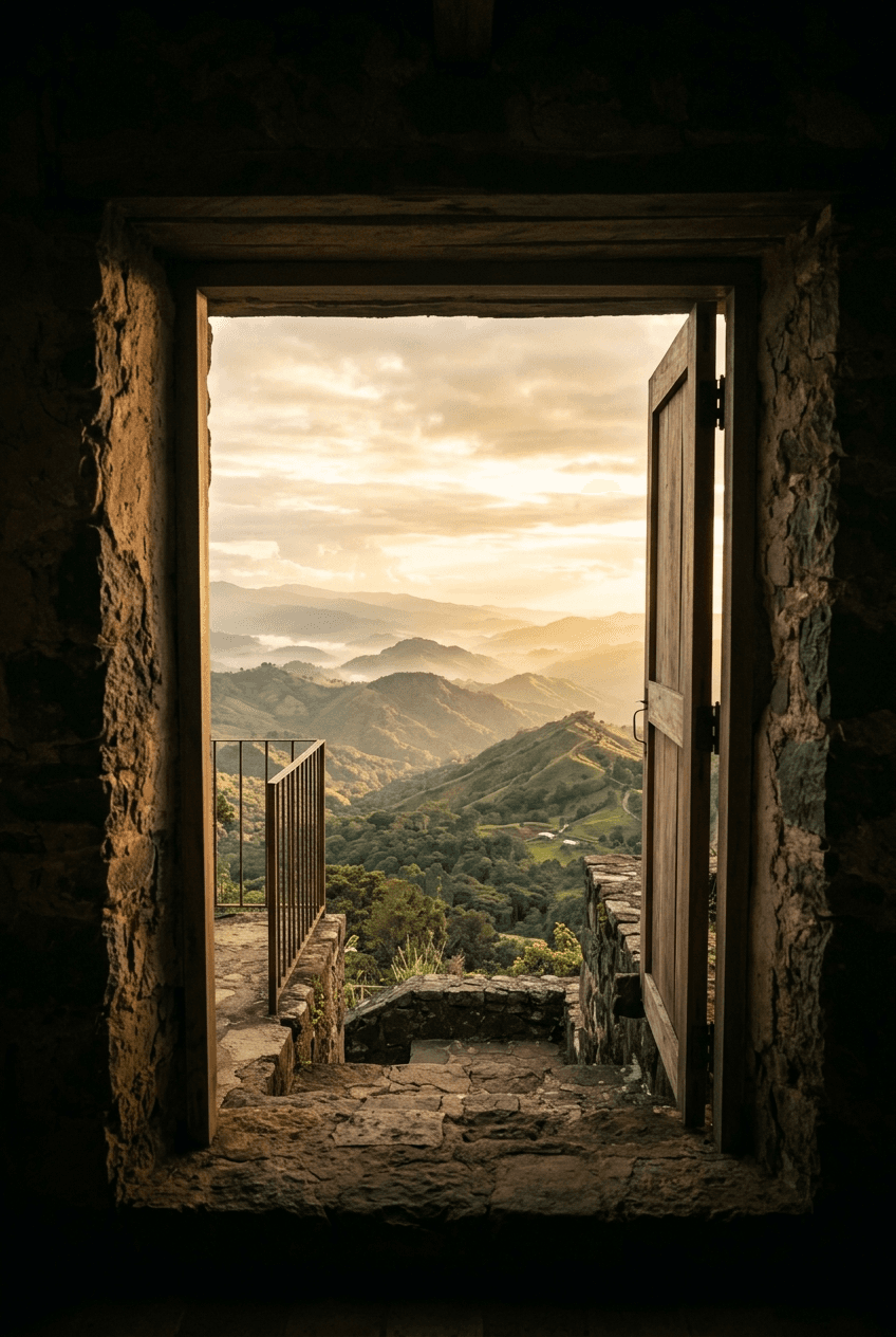 An open stone doorway looking out over a misty valley